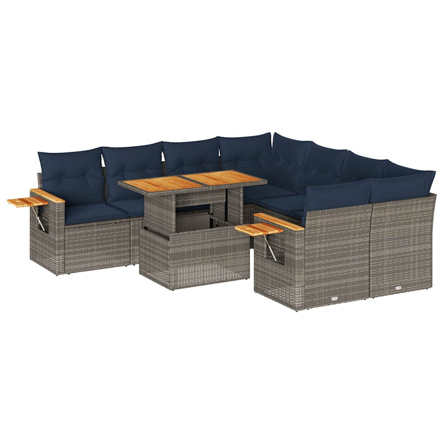 9-delige Loungeset met kussens poly rattan grijs