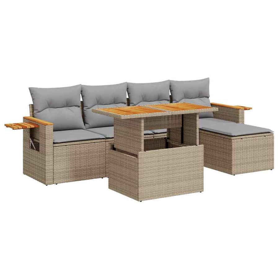 7-delige Loungeset met kussens poly rattan acacia beige