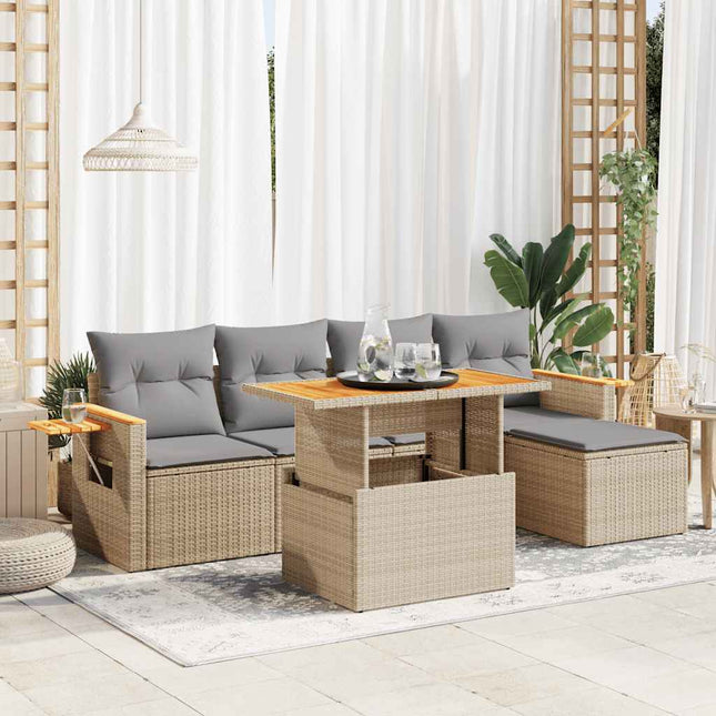 7-delige Loungeset met kussens poly rattan acacia beige