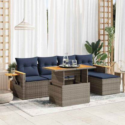 6-delige Loungeset met kussens poly rattan acacia grijs