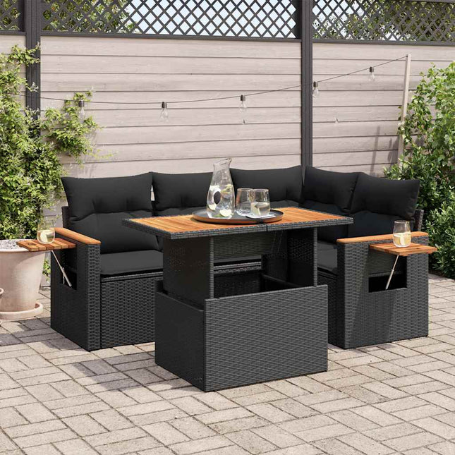 4-delige Loungeset met kussens poly rattan acacia zwart