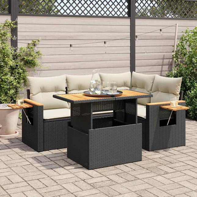 4-delige Loungeset met kussens poly rattan acacia zwart