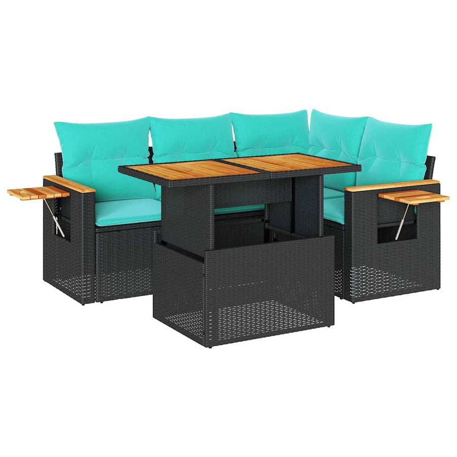 5-delige Loungeset met kussens poly rattan acacia zwart