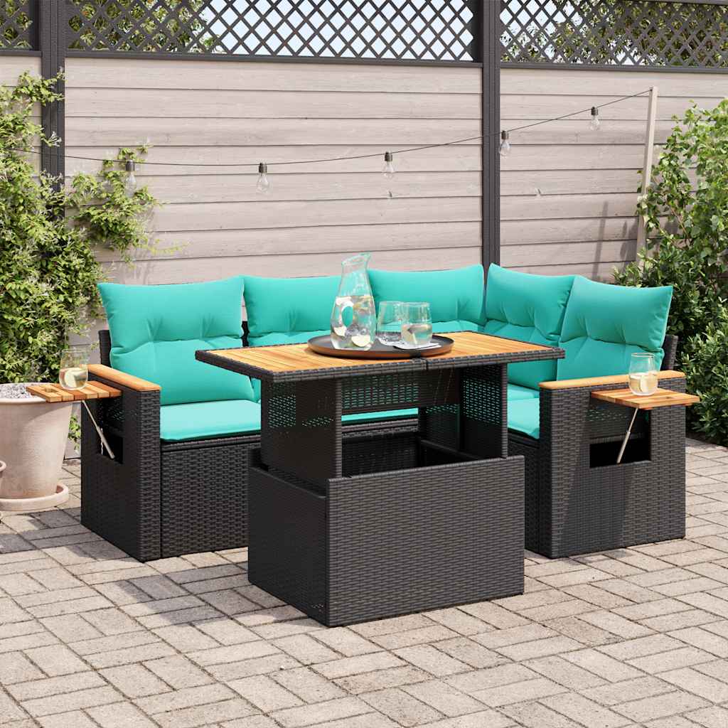 5-delige Loungeset met kussens poly rattan acacia zwart