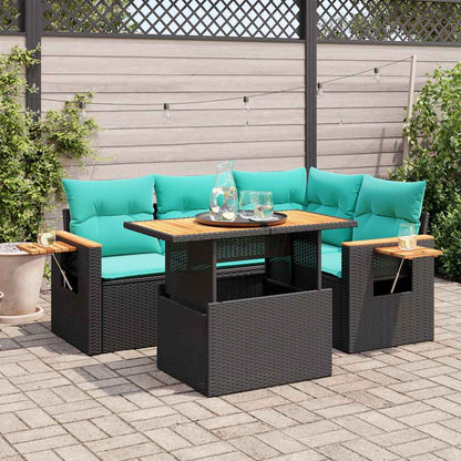 5-delige Loungeset met kussens poly rattan acacia zwart