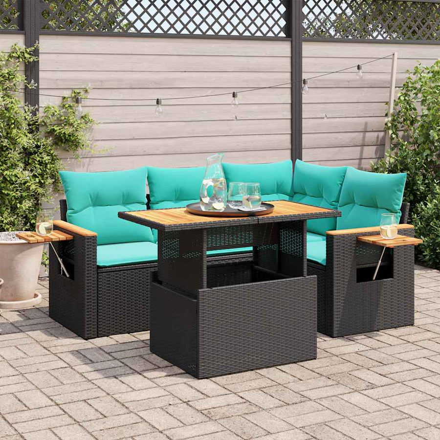 5-delige Loungeset met kussens poly rattan acacia zwart