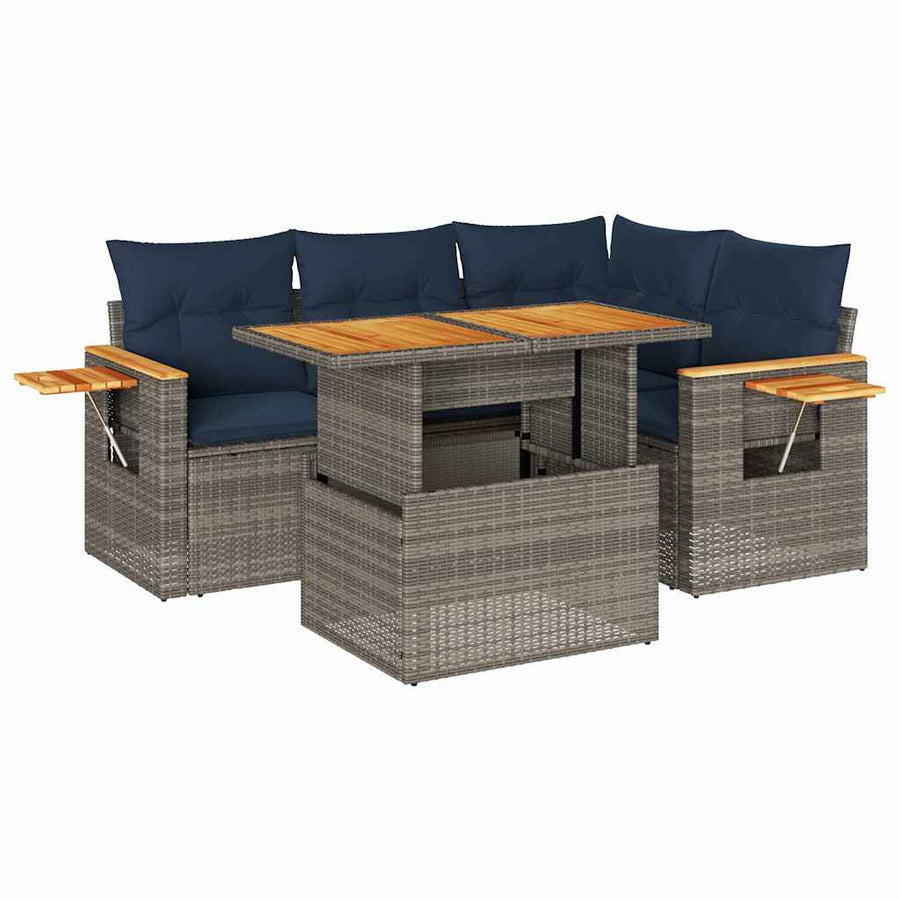 5-delige Loungeset met kussens poly rattan acacia grijs