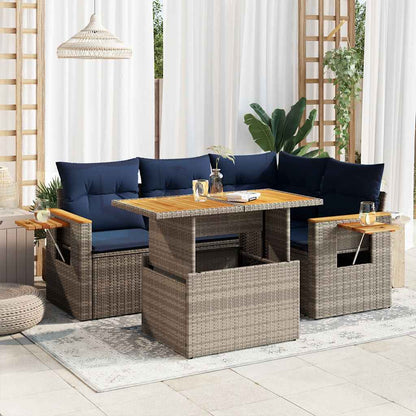5-delige Loungeset met kussens poly rattan acacia grijs