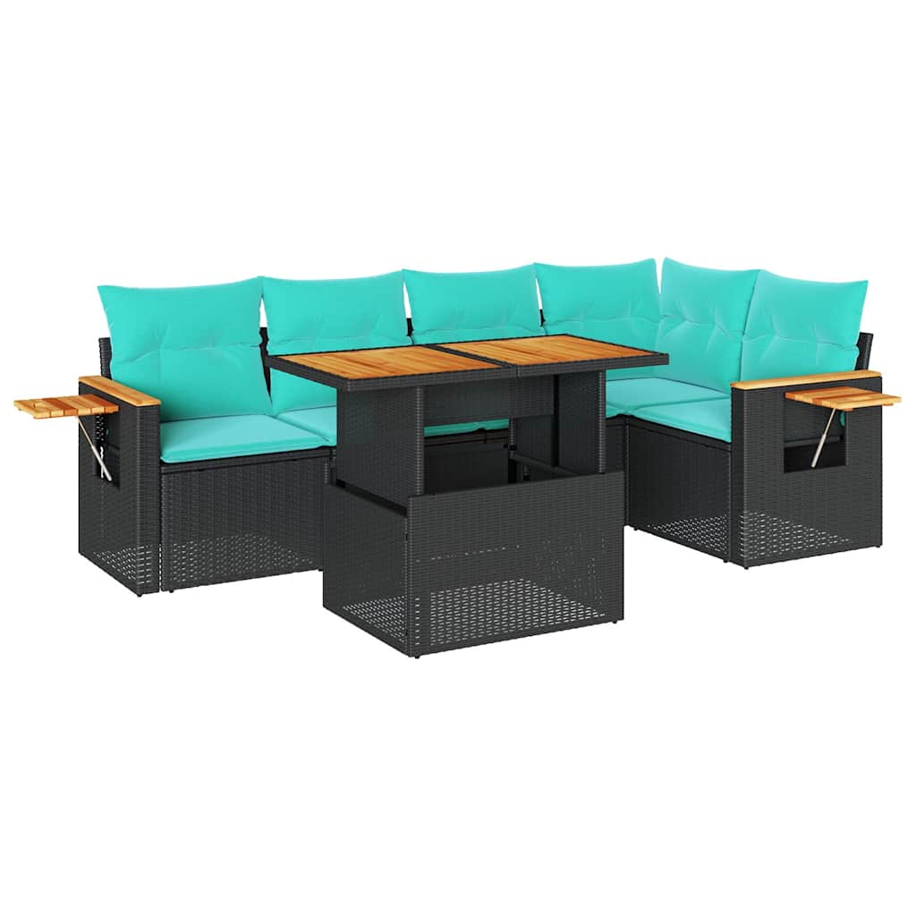 6-delige Loungeset met kussens poly rattan acacia zwart