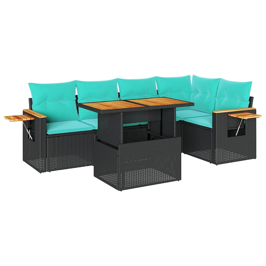 6-delige Loungeset met kussens poly rattan acacia zwart
