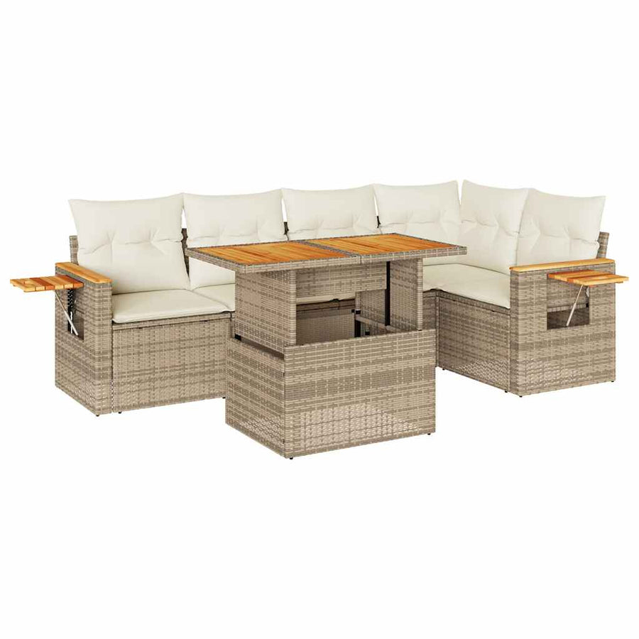 5-delige Loungeset met kussens poly rattan en acaciahout beige