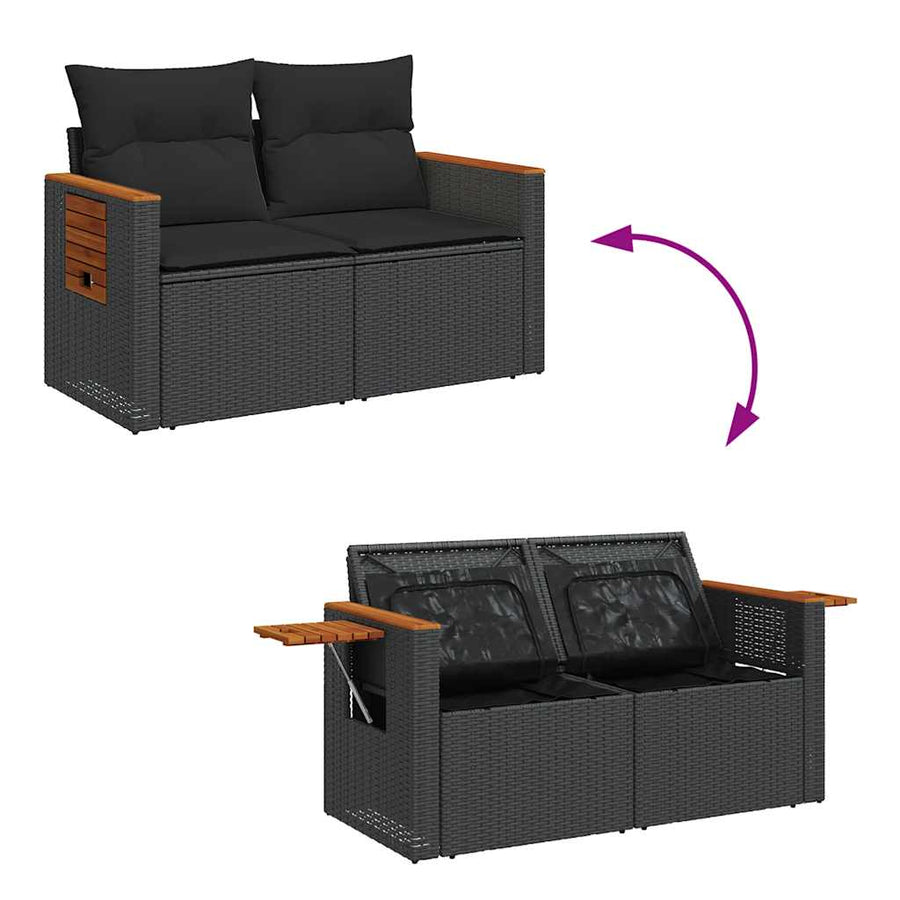 6-delige Loungeset met kussens poly rattan acacia zwart