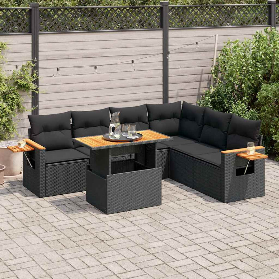 6-delige Loungeset met kussens poly rattan acacia zwart