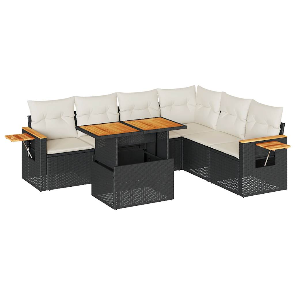 6-delige Loungeset met kussens poly rattan acacia zwart