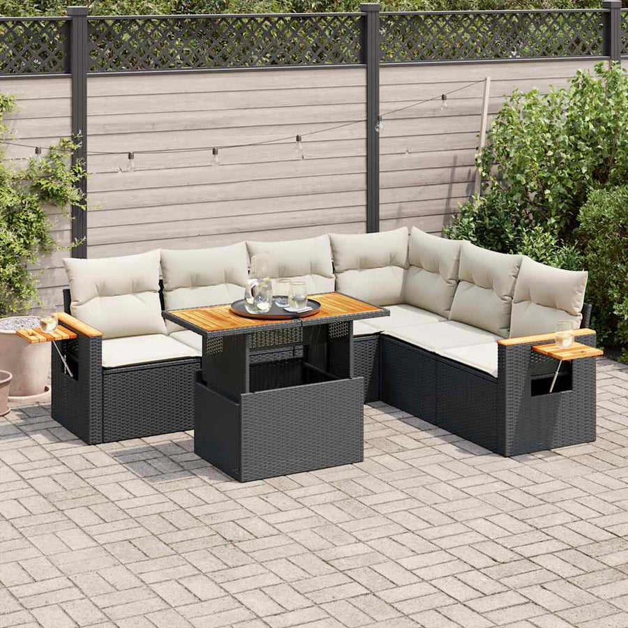 6-delige Loungeset met kussens poly rattan acacia zwart
