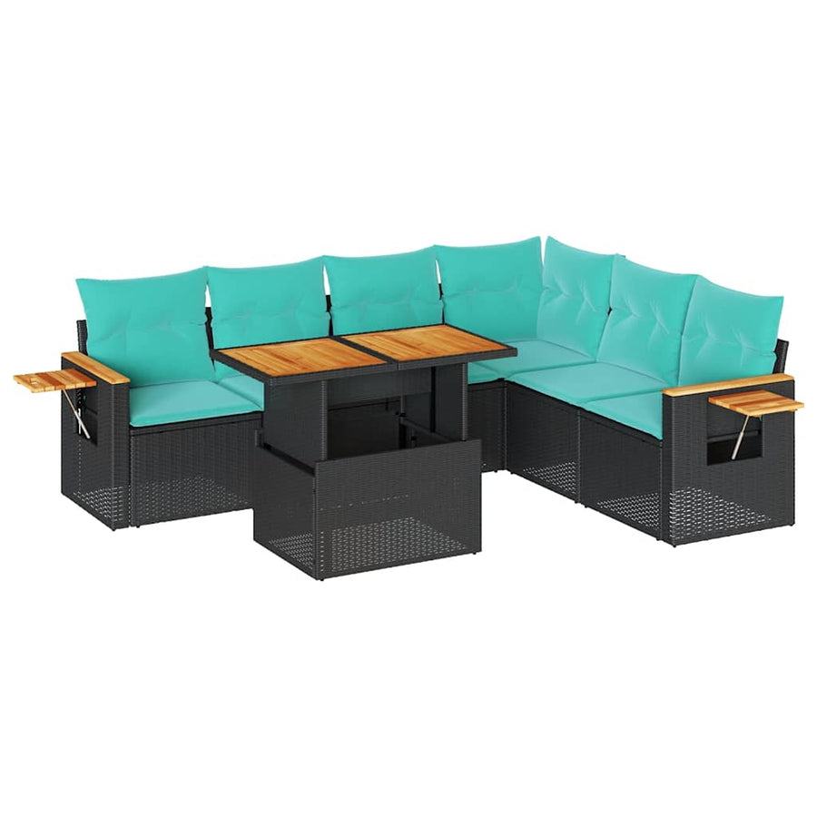 7-delige Loungeset met kussens poly rattan acacia zwart