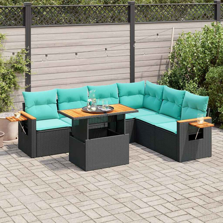 7-delige Loungeset met kussens poly rattan acacia zwart