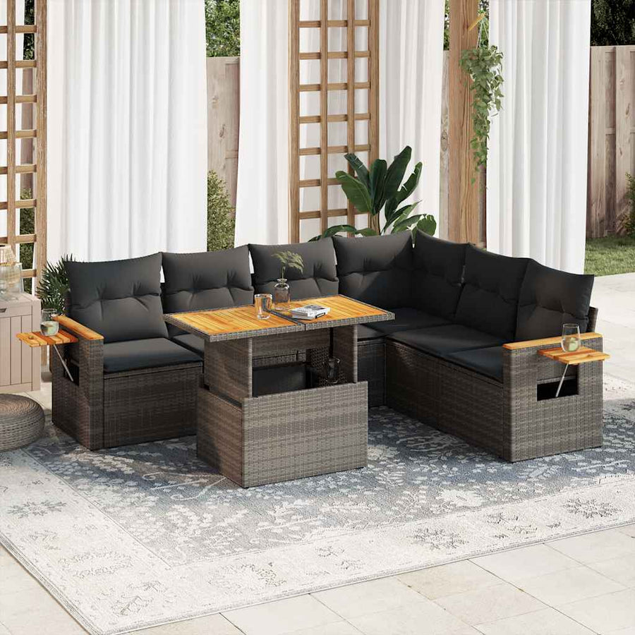 6-delige Loungeset met kussens poly rattan acacia grijs