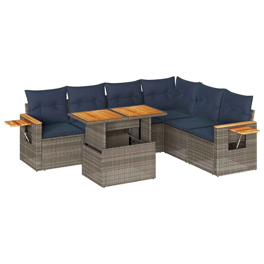 7-delige Loungeset met kussens poly rattan acacia grijs