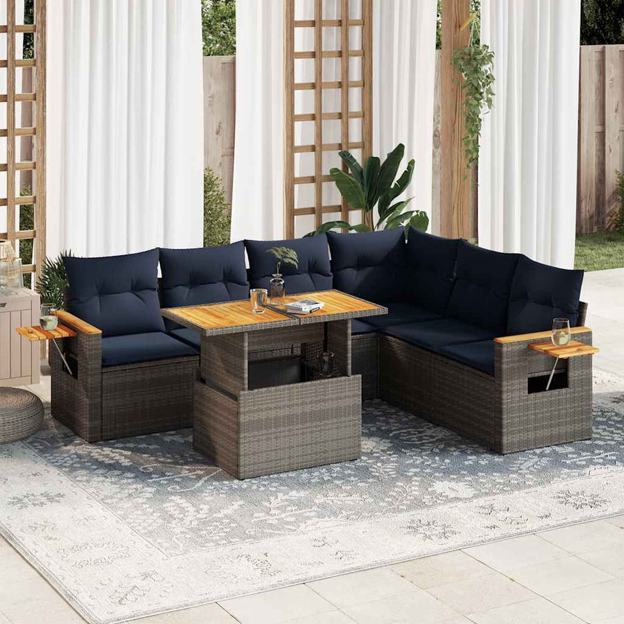 7-delige Loungeset met kussens poly rattan acacia grijs