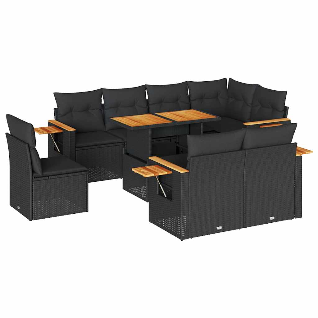 9-delige Loungeset met kussens poly rattan acacia zwart
