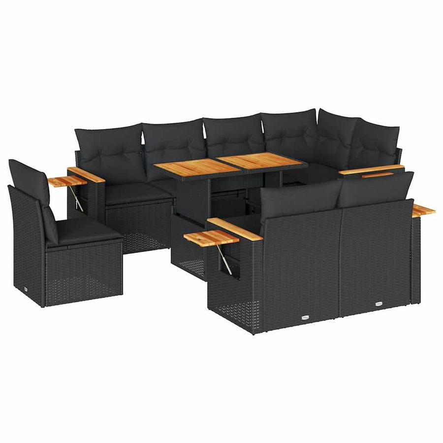 9-delige Loungeset met kussens poly rattan acacia zwart