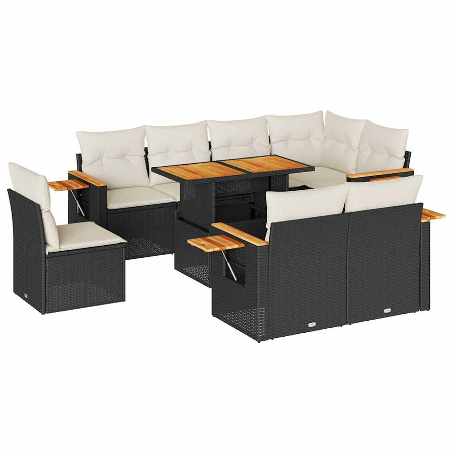 9-delige Loungeset met kussens poly rattan acacia zwart