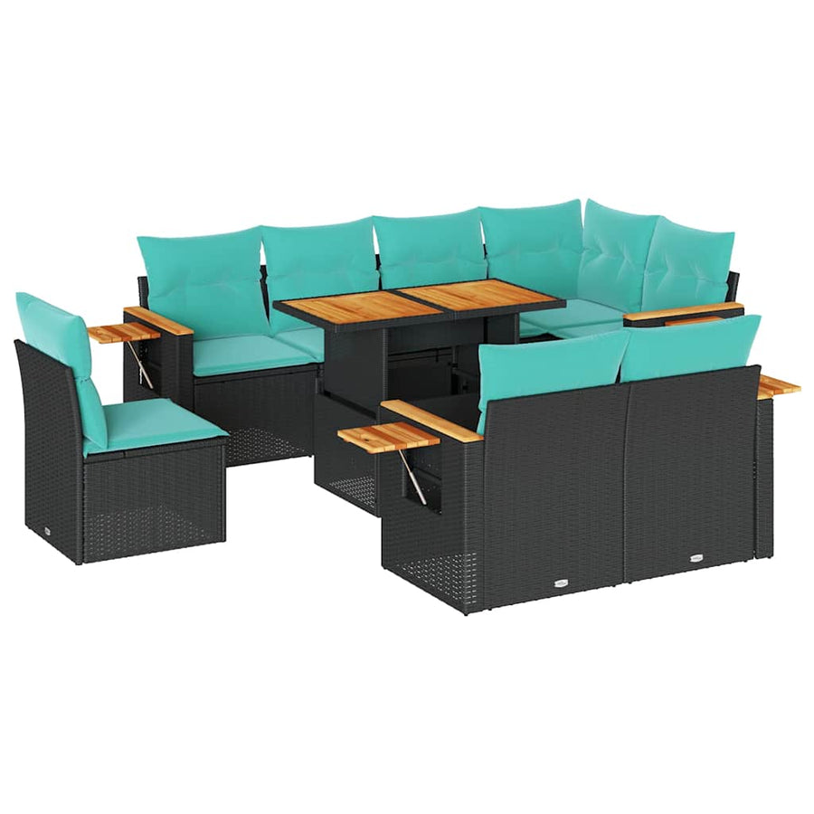 9-delige Loungeset met kussens poly rattan acacia zwart