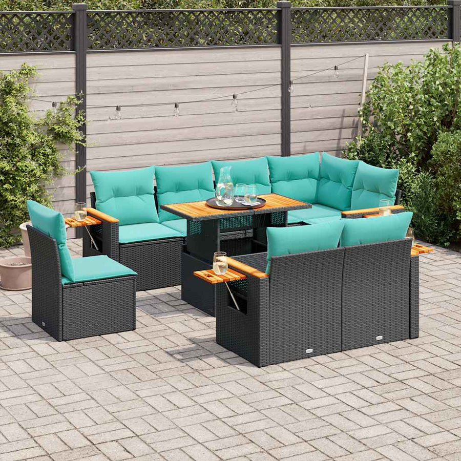 9-delige Loungeset met kussens poly rattan acacia zwart