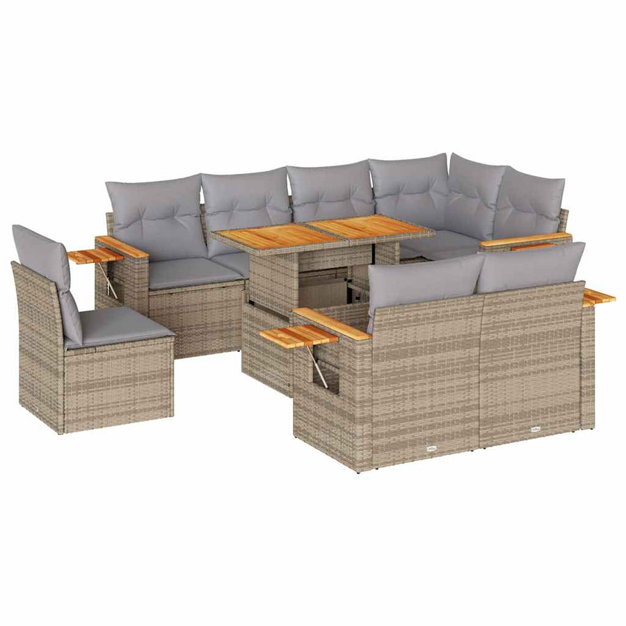 9-delige Loungeset met kussens poly rattan acacia beige