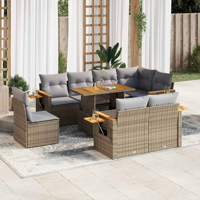 9-delige Loungeset met kussens poly rattan acacia beige