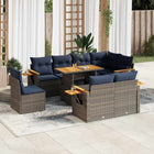 9-piece Lounge Set with cushions poly rattan acacia grey