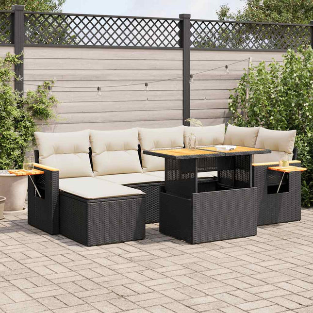 7-delige Loungeset met kussens poly rattan acacia zwart