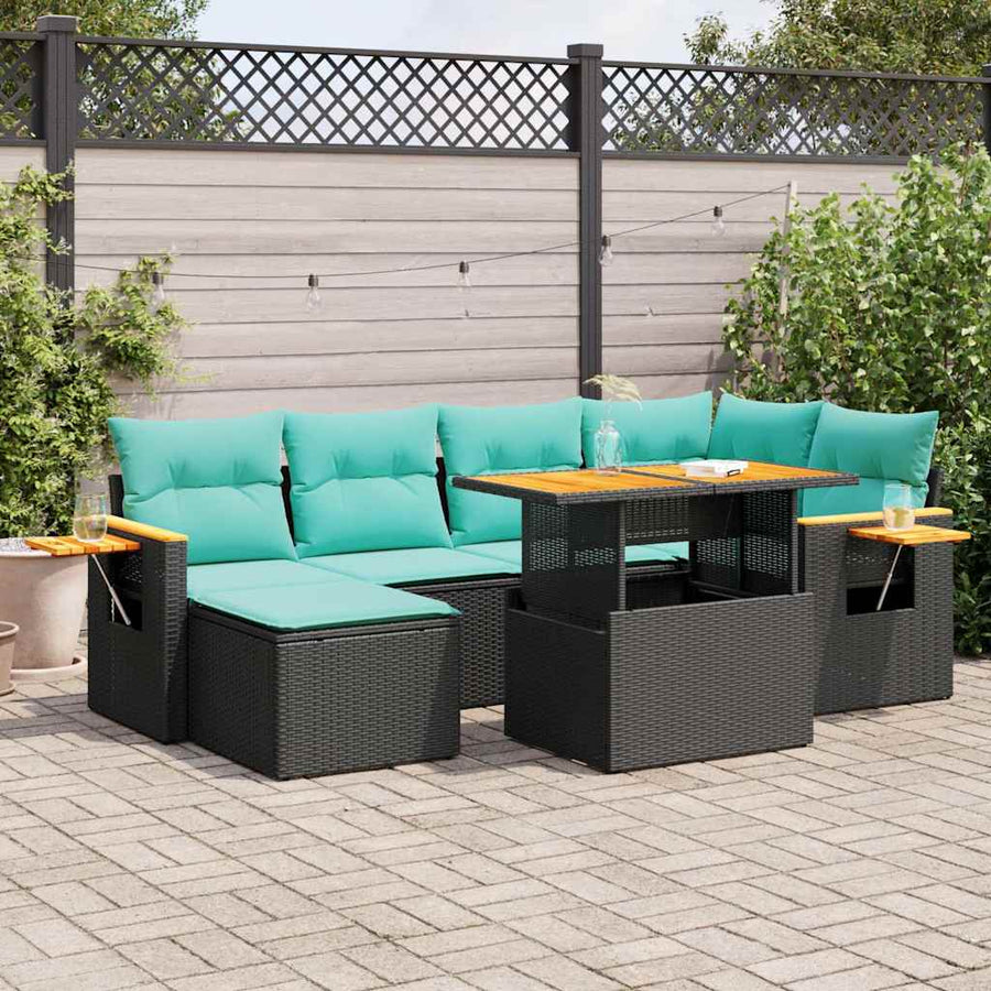 7-delige Loungeset met kussens poly rattan acacia bruin