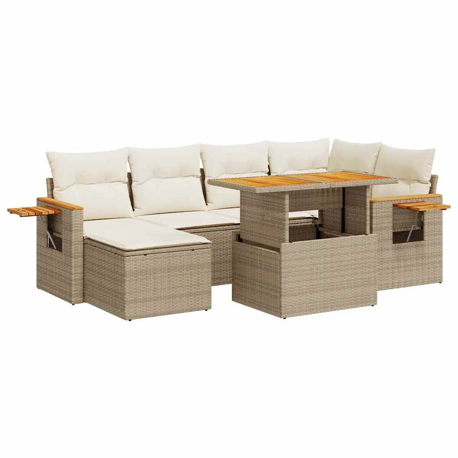 7-delige Loungeset met kussens poly rattan acacia beige