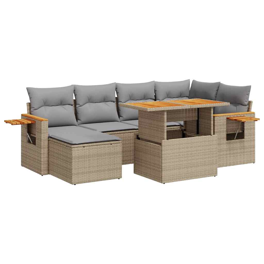 7-delige Loungeset met kussens poly rattan acacia beige
