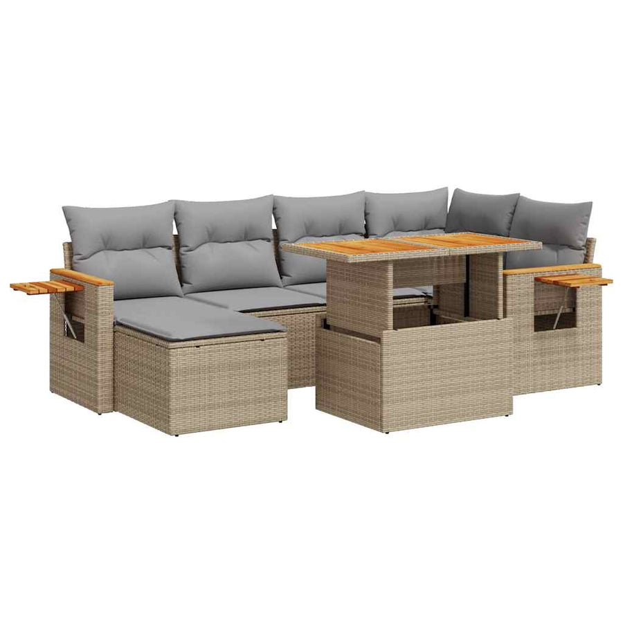 7-delige Loungeset met kussens poly rattan acacia beige