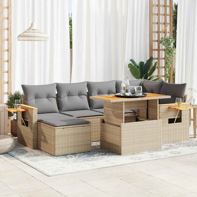 7-delige Loungeset met kussens poly rattan acacia beige