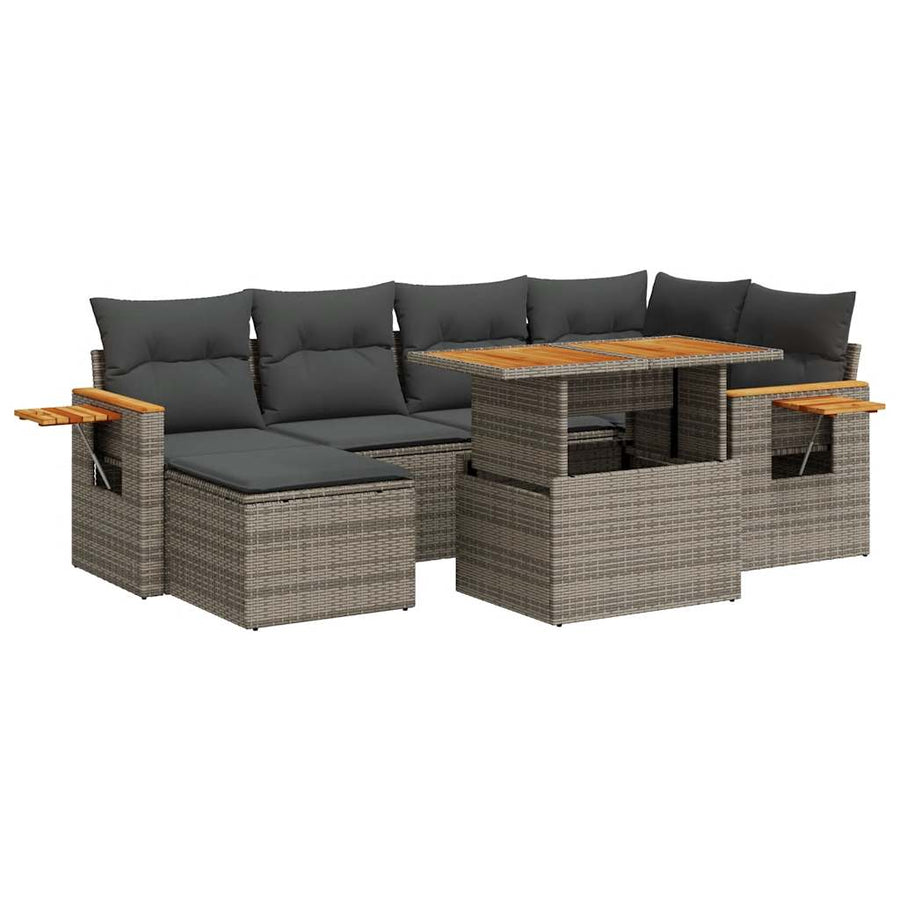 7-delige Loungeset met kussens poly rattan acacia grijs