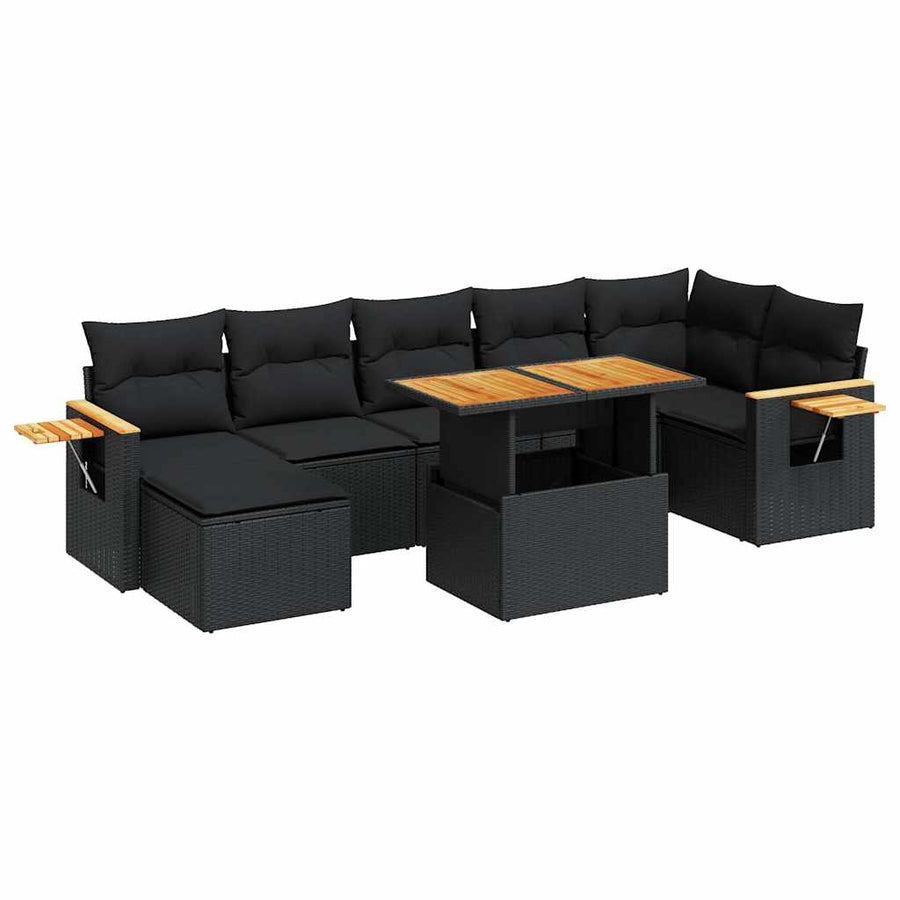 8-delige Loungeset met kussens poly rattan acacia zwart