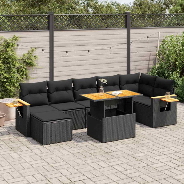 8-delige Loungeset met kussens poly rattan acacia zwart