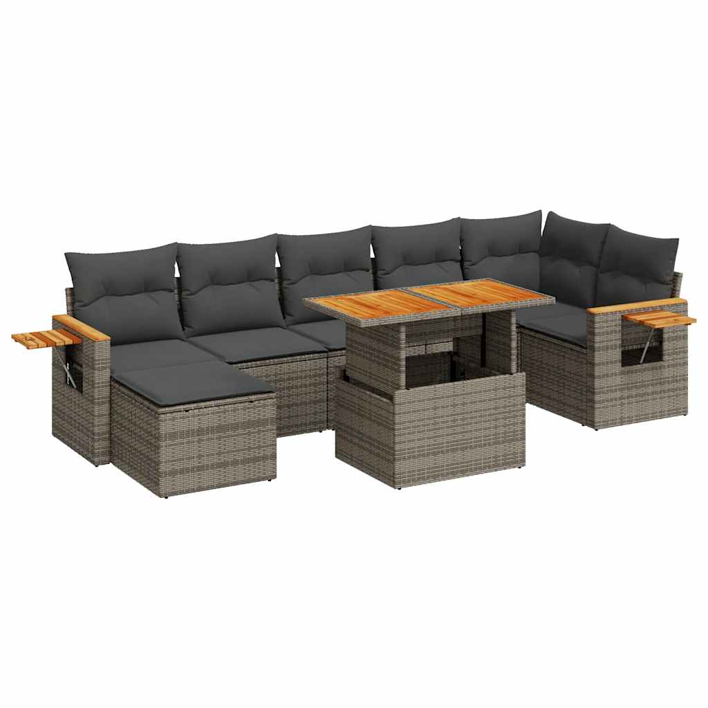 8-delige Loungeset met kussens poly rattan acacia grijs