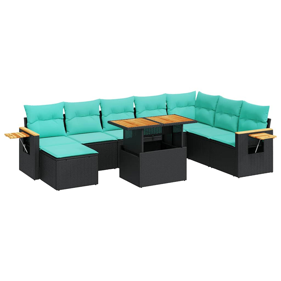 10-delige Loungeset met kussens poly rattan acacia zwart