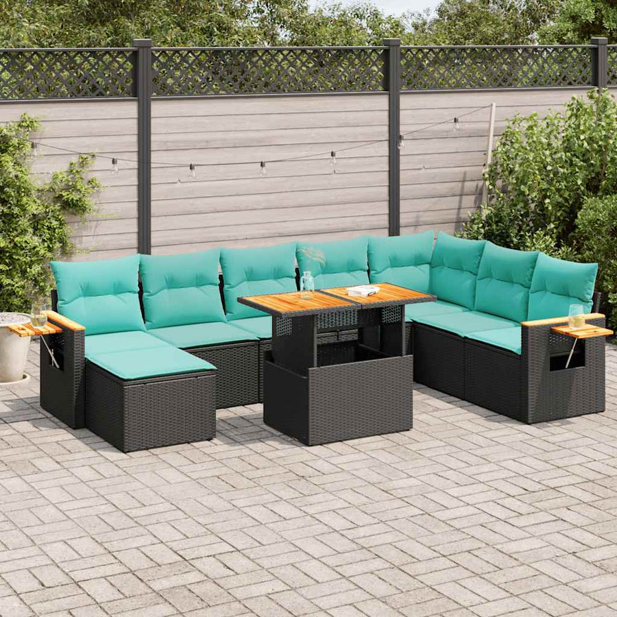 10-delige Loungeset met kussens poly rattan acacia zwart
