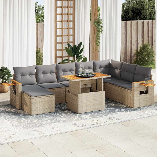 7-delige Loungeset met kussens poly rattan acacia beige