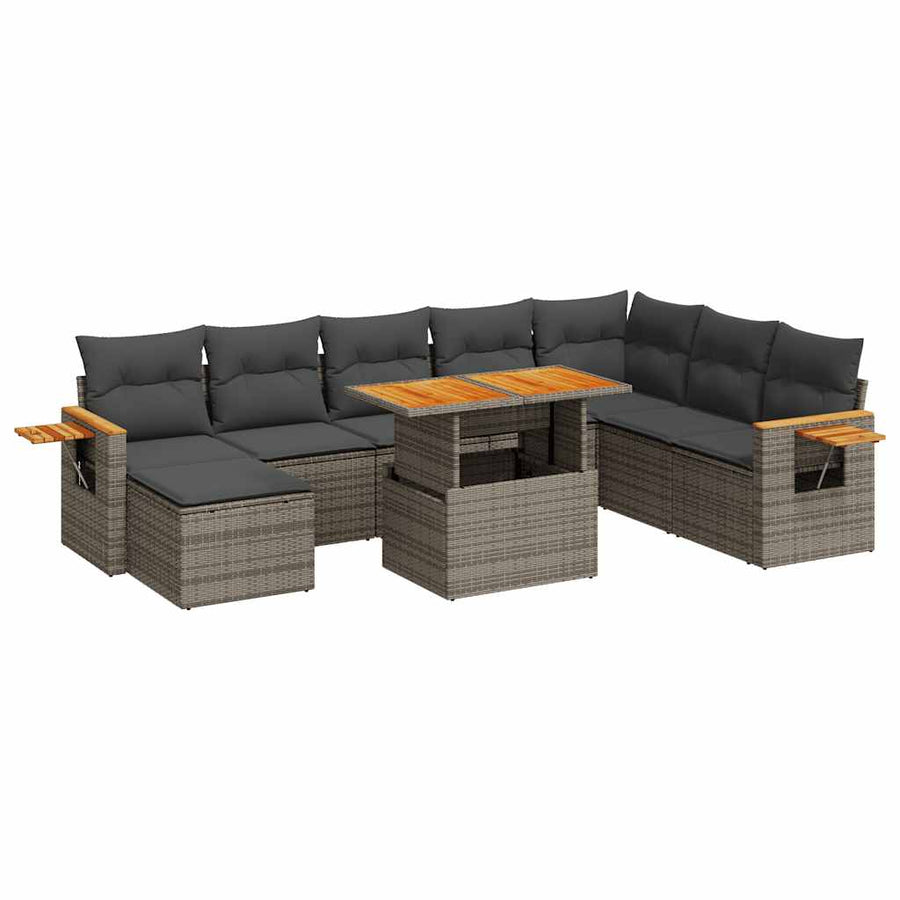 7-delige Loungeset met kussens poly rattan acacia grijs