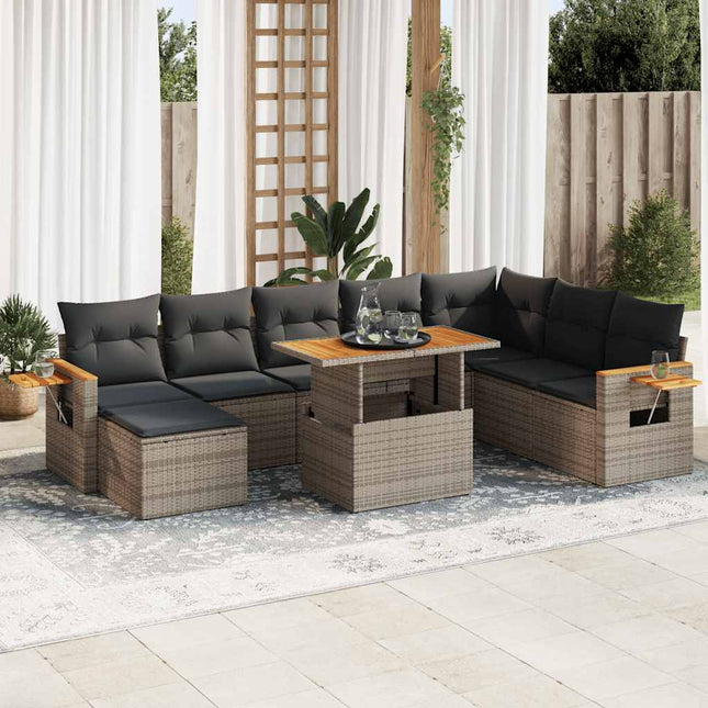 7-delige Loungeset met kussens poly rattan acacia grijs