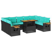 10-delige Loungeset met kussens poly rattan acacia zwart