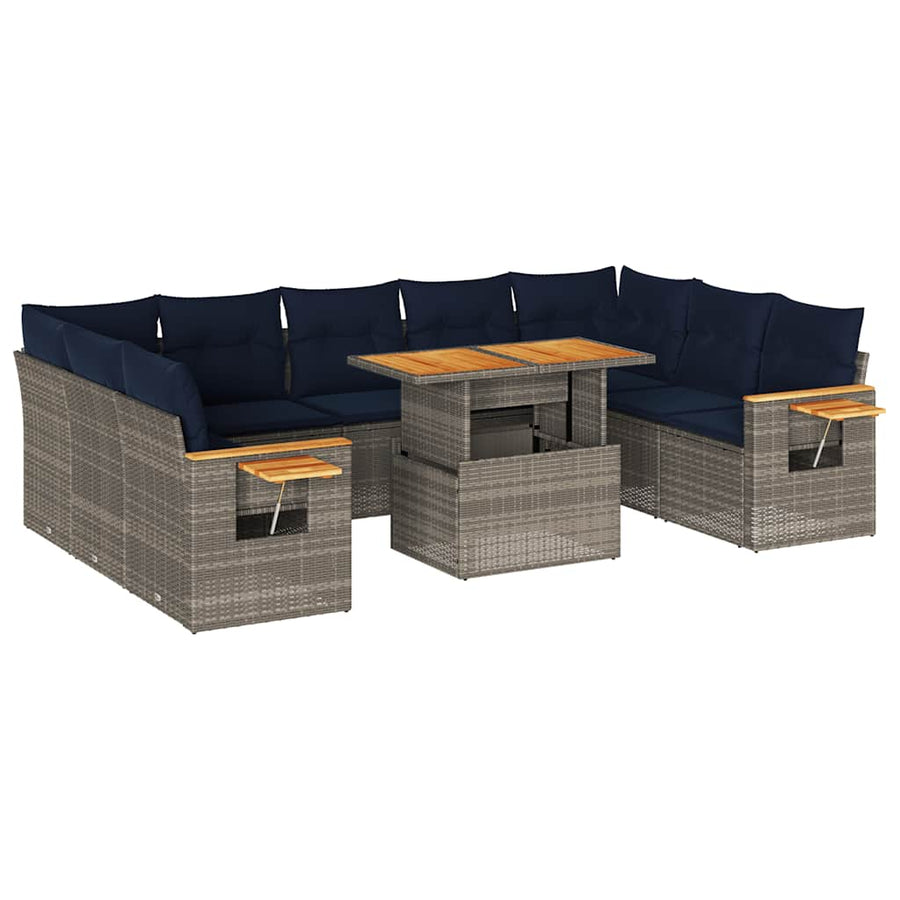 10-delige Loungeset met kussens poly rattan acacia grijs