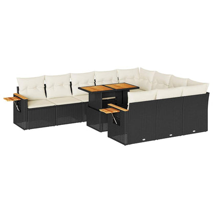 10-delige Loungeset met kussens poly rattan acacia zwart